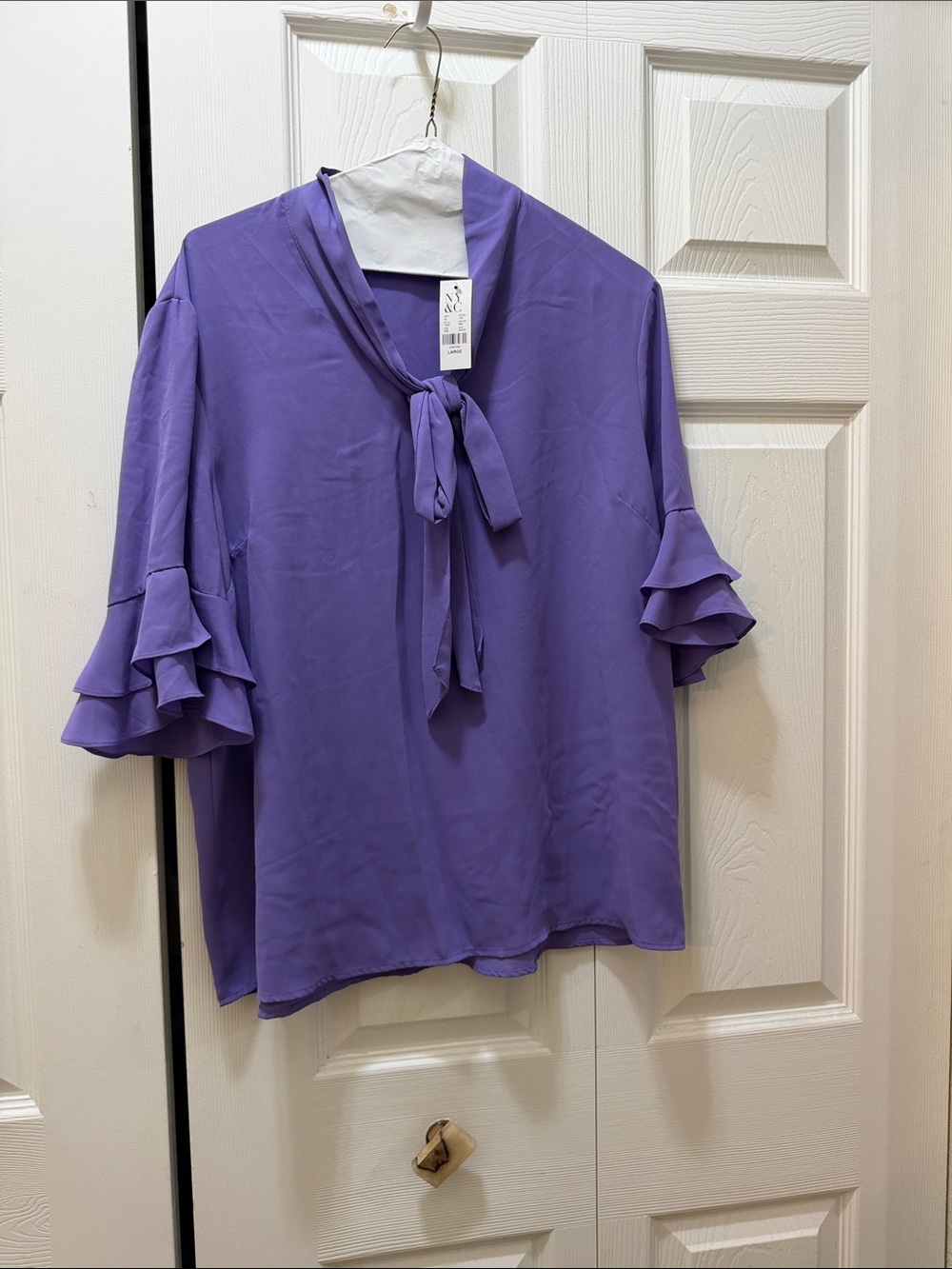 Tie-Neck Ruffled Sleeve Blouse - Purple